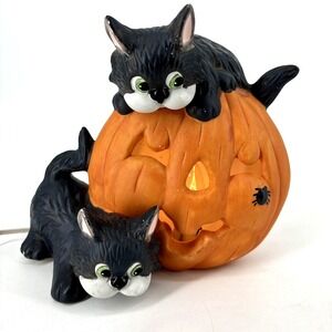 Vintage Lighted‎ Ceramic BLACK CATS On PUMPKIN Lantern HALLOWEEN Pottery Painted